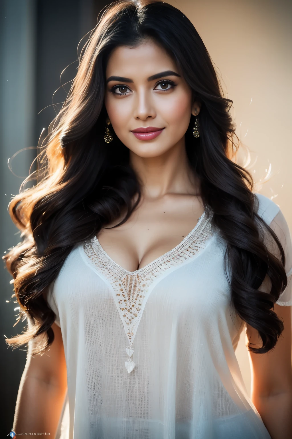 Portrait of A confident-looking Bangladesh  woman with flowing long and thick hair, hazel eyes, team India cricket tshirt, a smile on the face, royal and lusty look, red bindi, standing in cricket stadium, c-cup breast, perfect composition, hyperrealistic, super detailed, 8k, high quality, trending art, trending on artstation, sharp focus,  photo, intricate details, highly detailed, art by Greg Rutkowski