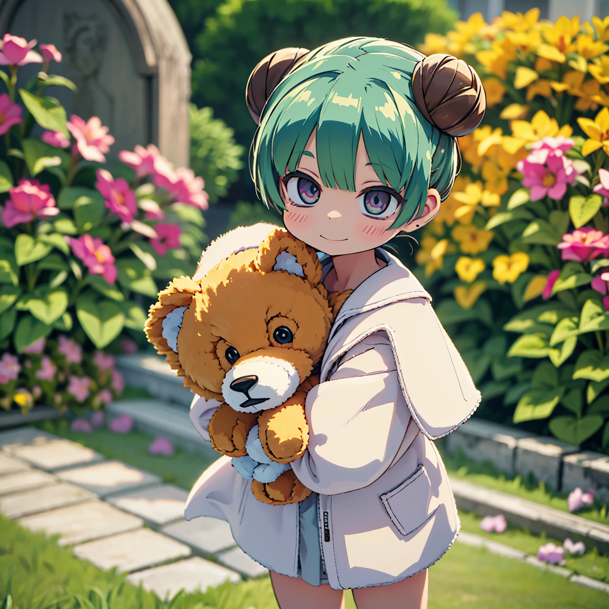 (best quality,4k,8k,highres,masterpiece:1.2),ultra-detailed,(realistic,photorealistic,photo-realistic:1.37),Illustration,Octane Render,morning park,a  walking with a teddy bear, the girl has a bun hairstyle and a smiling face, vibrant colors, soft sunlight, beautiful flowers, green grass, playful atmosphere, peaceful environment,detailed textures, vibrant colors, cute teddy bear outfit, joyful expression