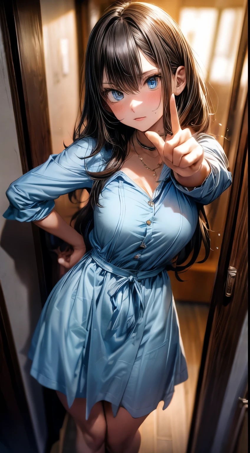 Anime style, There is a woman pointing at the camera with her finger, 30-years old, full body, large full breasts, scary angry pose, Golden hair, Long hair, Blue eyes, Wearing a light blue dress, Anime style, pointing at camera with finger, Smaller chest, Anger and pointing, Pointing at the camera, scary angry pose, threatening pose, (Natural skin texture Vibrant details, hyper realistic)