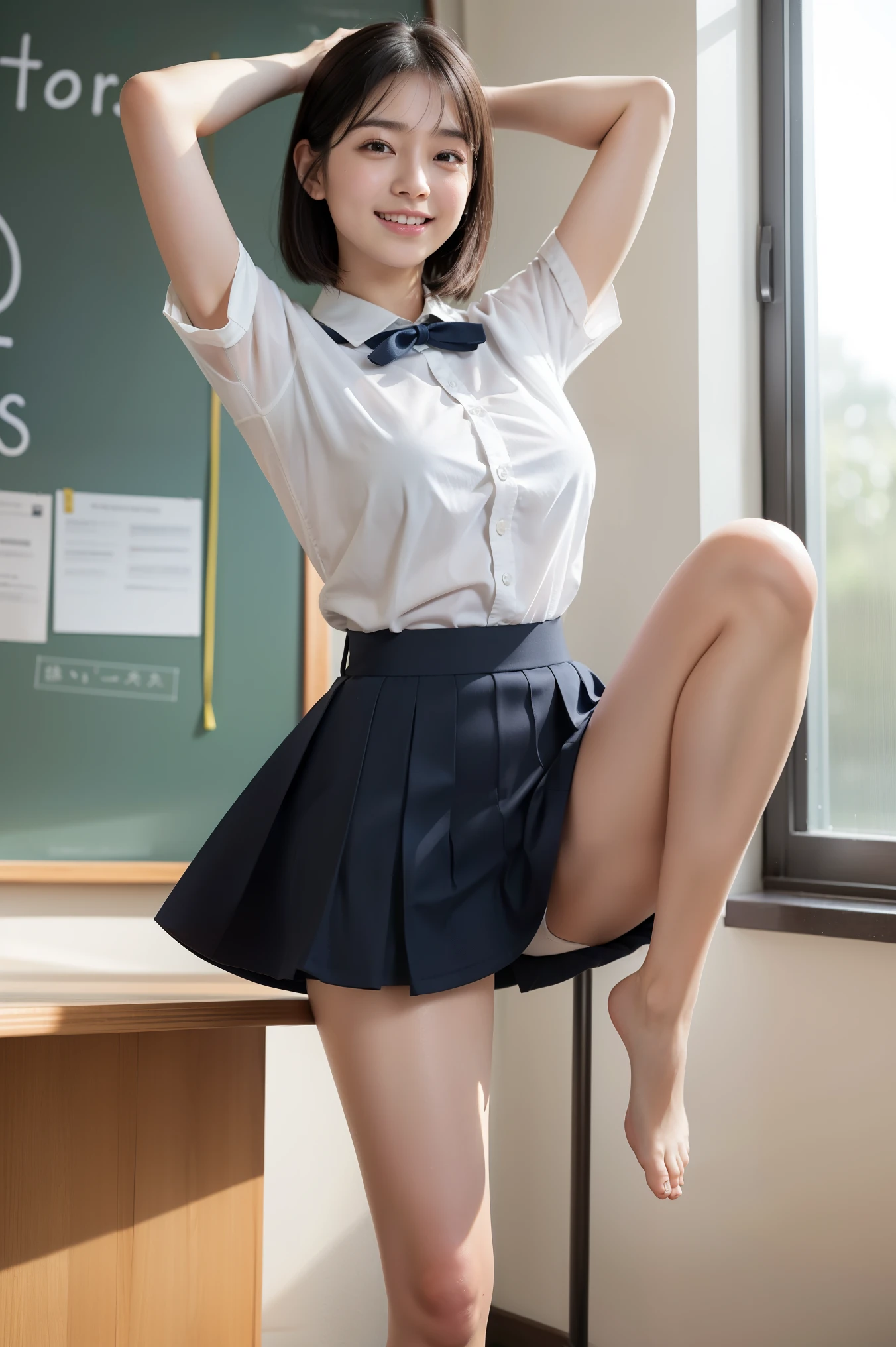 Photoreal、photo realistic black haired、straight hair、short hair、とてもshort hair With a round face、drooling eyes、Laugh so hard that you can't see it、open your mouth and laugh out loud、narrow eyes、No makeup、No makeup high school girl、、slender body、muscular body、soft thighs、big and full breasts、vagina、clitoris、female reproductive organs、Japanese、Full body Esbian、Very flexible body uniform、white shirt、Navy blue ribbon、navy blue skirt、very short skirt、The whole body gets wet with sweat open leg pose、Pose like a gymnast、One leg standing pose、Poses that express the softness of the body、paws on head、Stretch your knees、Unbending knees、show off your crotch、exposed crotch、happily、very smiling With background、classroom、window、blackboard