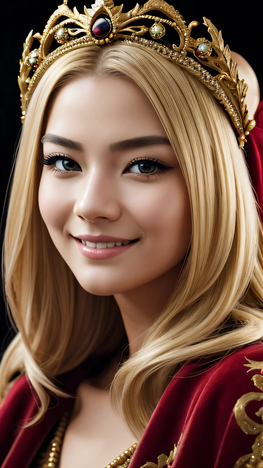 a beautiful empress portrait, blonde hair, Perfect black eyes, Brilliantly, Impossible impressive big Christmas headpiece, clothes Santa robes, everything Christmas, snow, symmetry, Drafoodic Studio Lighting, Rococo, baroque, vegetables, Asian, hyper realism, close, d&d, fantasy, Complex, elegant, very detailed, digital painting, art station, octane rendering, 8K, concept art, food, sharp focus, (((close up of face))), masterpiece, 最high quality, high quality, High resolution, ((black background))、smile