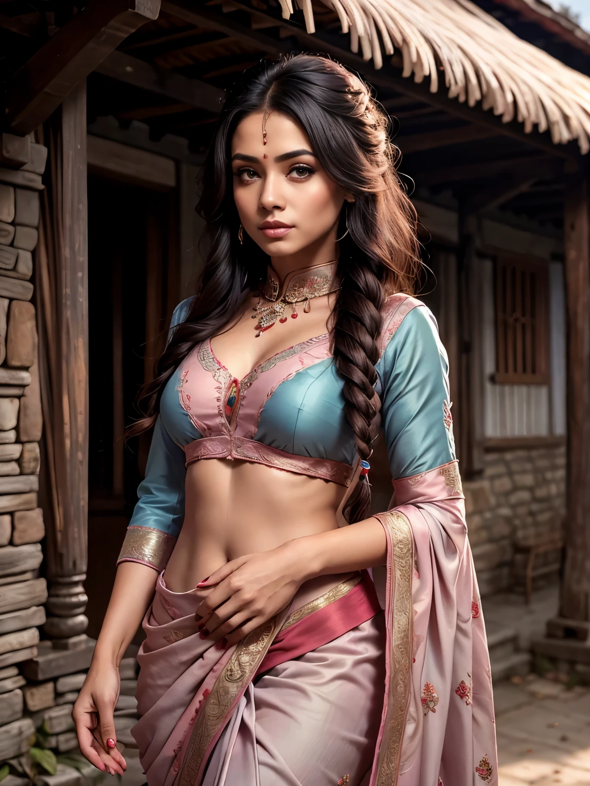 Best quality, masterpiece, excellent, portrait, 1 black woman, wearing half sleeve blouse and pink saree, gorgeous, walking, perfect anatomy, perfect fingers, long braid hair, brown skin, looking outside of a village house, shadows, ultra quality, ultra high detailed, bloom, volumetric fogs, ambient lighting, winter, 8k resolution