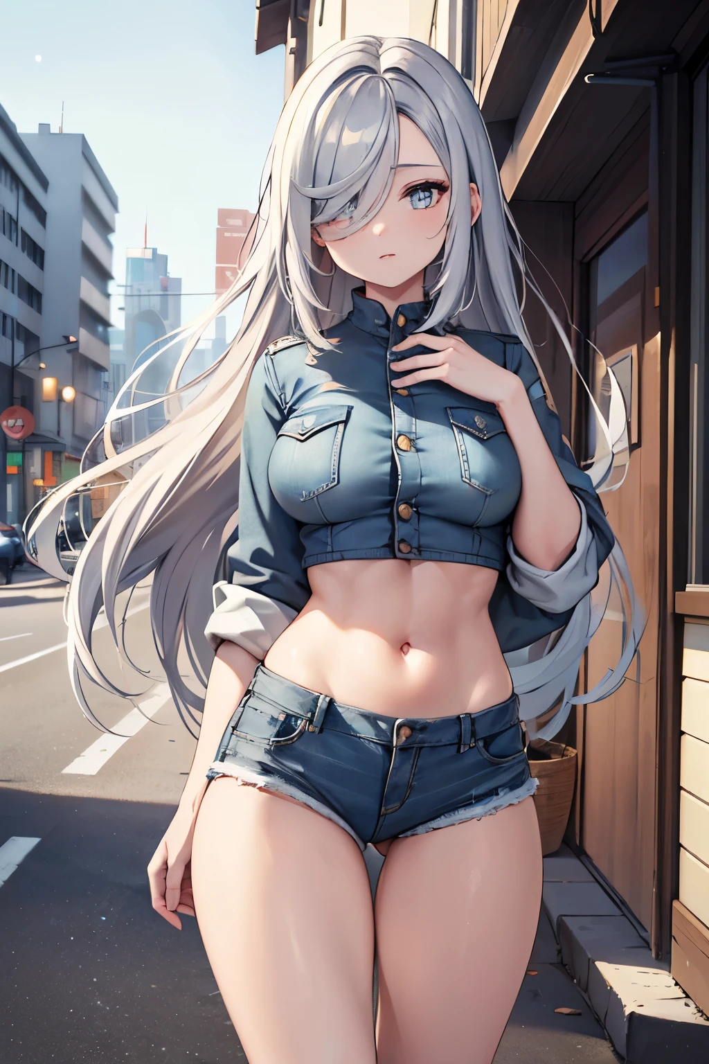 ShenheV4, (Shenhe wearing denim jacket), black top, denim shorts, (solo:1.1), (mature woman:1.2), beautiful face, (detailed eyes), symmetric eyes, (thin lips), (long hair, grey hair, braid, hair over one eye, hair ornament), (beautiful round breasts), voluptuous body, abs, bare belly, slim waist, (masterpiece, best qualty), soft ambient lighting, standing, front view, city street background, road, buildings, vivid colors, sunny day, blue sky, looking at the viewer, slim waist, HD, 8K, vivid colors, intricate, (absurdres:1.2), bokeh, blurry_background, 
sharp focus, ((detailed face)), facial details, (pov thighs)