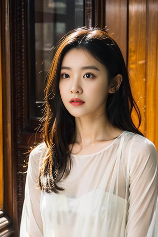 RAW photos,best quality),(lifelike,照片lifelike:1.3),best quality,Highly detailed,masterpiece,Super detailed,illustration,1 girl,upper_body,dynamic angle,World Mastery Theatre,messy_long_hair,best quality,Extremely detailed CG unified 8k wallpaper,amazing,light,lens_flare,dunhuang_style,real person,Eyes are the same size