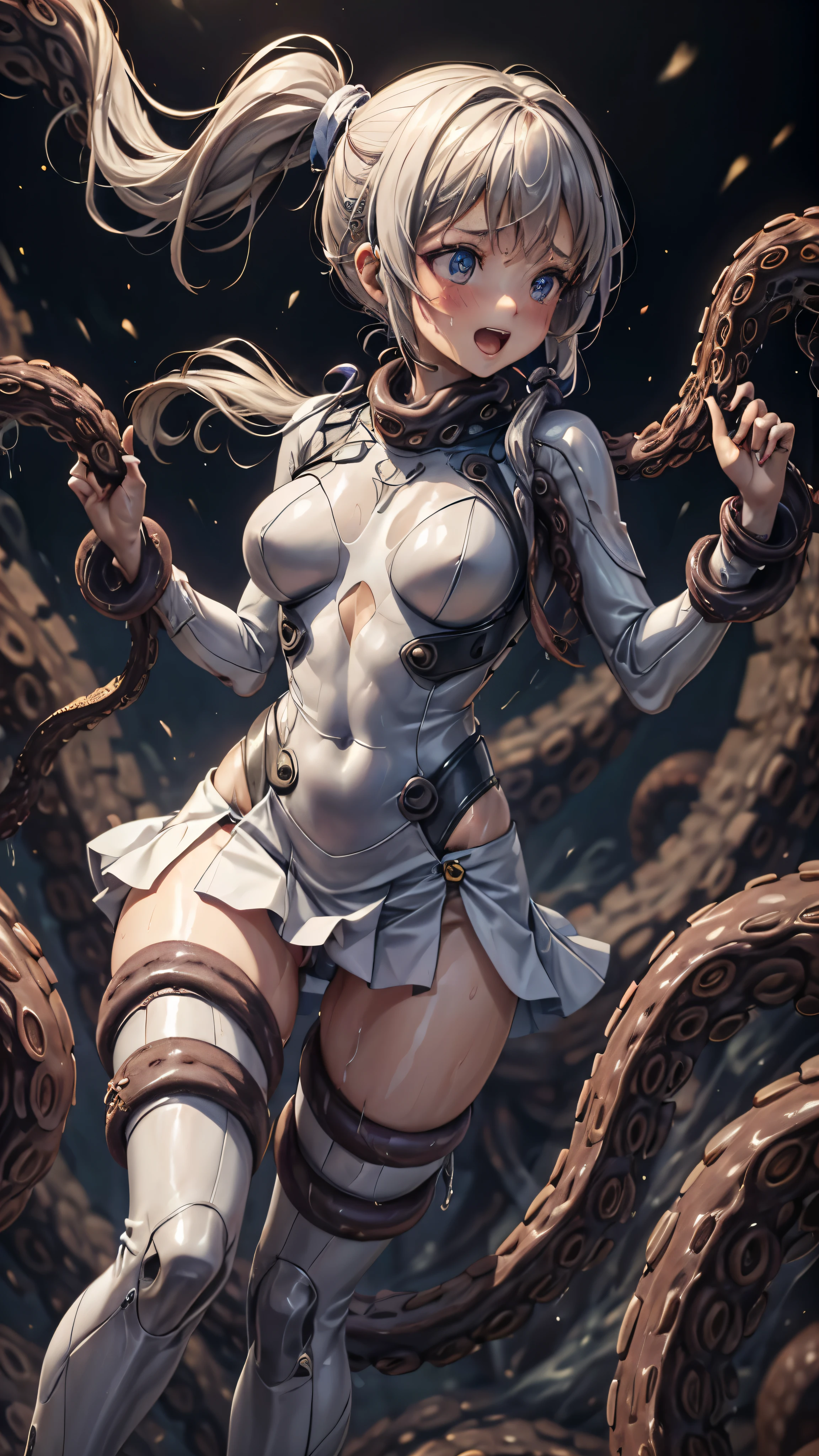 woman,,,city,night,(((white tight miniskirt bodysuit))),(wet with sweat),open mouth smile((See-through))Glasses,((Beautiful long ponytail)),((baby girl bo),blush、surprised face,(((Tentacles wrap around the body)))(((raped by tentacles)))(((Tentacles wrap around the body)))(((Tentacles wrap around the body )))
