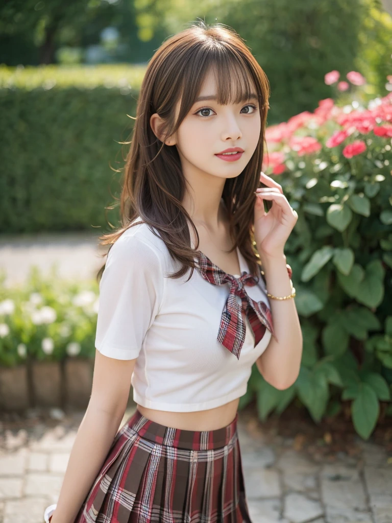 NSFW, 8K RAW photo, highest quality, masterpiece, ultra high resolution, film grain, movie, 1 girl, looking at the viewer, natural skin texture, Realistic eye and face details, full lips, lipstick, (compensate), red eyeshadow, Fluffy shorthair, messy hair, smile, close your mouth, beautiful foot, tall woman, skinny, slim_foot, alone, huge breasts, cleavage, pose with your butt facing yourself, super short skirt, teeth, shirt, beautiful natural location, Around the flower place, (detailed background), Plaid skirt, white shirt, huge breasts, cleavage, Show a little cleavage through the shirt, loafers, blurry background, blurry, holding, Plaid, short sleeve, JK ribbon on the neck, JK ribbon, brown hair, bracelet, water, bangs, school uniform, jewelry, parted lips, lips, From the side, pleated skirt, Depth of bounds written