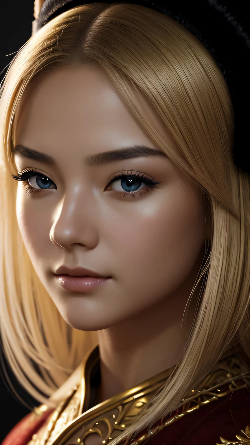 a beautiful empress portrait, blonde hair, Perfect black eyes, Brilliantly, Impossible impressive big Christmas headpiece, clothes Santa robes, everything Christmas, snow, symmetry, Drafoodic Studio Lighting, Rococo, baroque, vegetables, Asian, hyper realism, close, d&d, fantasy, Complex, elegant, very detailed, digital painting, art station, octane rendering, 8K, concept art, food, sharp focus, (((close up of face))), masterpiece, 最high quality, high quality, High resolution, ((black background))、