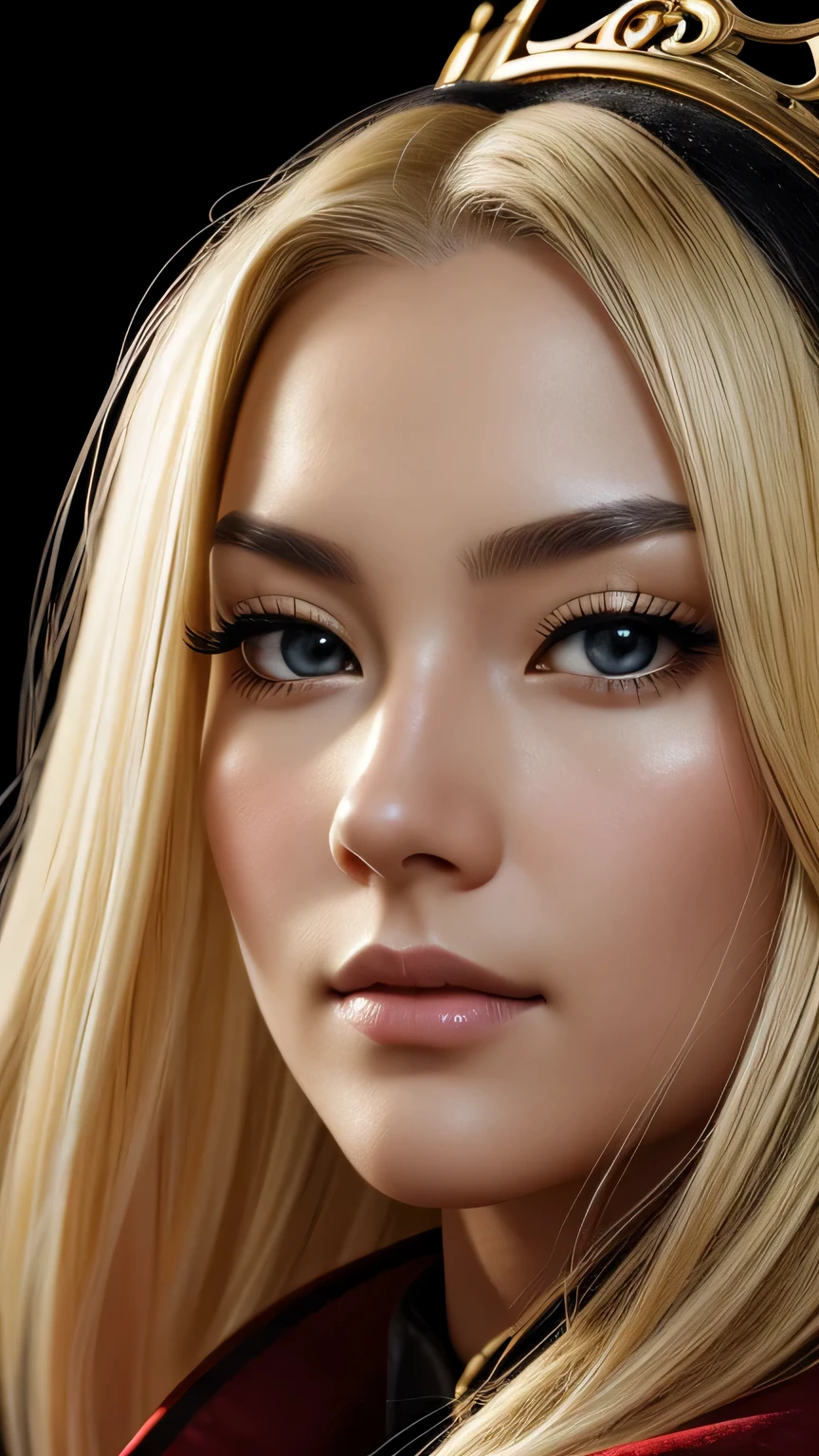 a beautiful empress portrait, blonde hair, Perfect black eyes, Brilliantly, Impossible impressive big Christmas headpiece, clothes Santa robes, everything Christmas, snow, symmetry, Drafoodic Studio Lighting, Rococo, baroque, vegetables, Asian, hyper realism, close, d&d, fantasy, Complex, elegant, very detailed, digital painting, art station, octane rendering, 8K, concept art, food, sharp focus, (((close up of face))), masterpiece, 最high quality, high quality, High resolution, ((black background))、