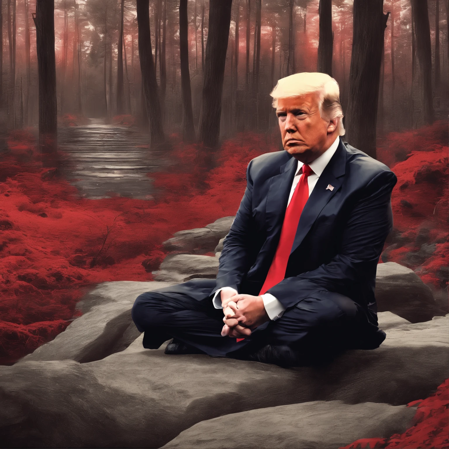 US President Trump wears a red scarf，Man wearing red tie and black suit meditating on a flat stone in the forest，Pay attention to facial details，Meditation on mobile phone，Realistic。Next to me sits joseph biden