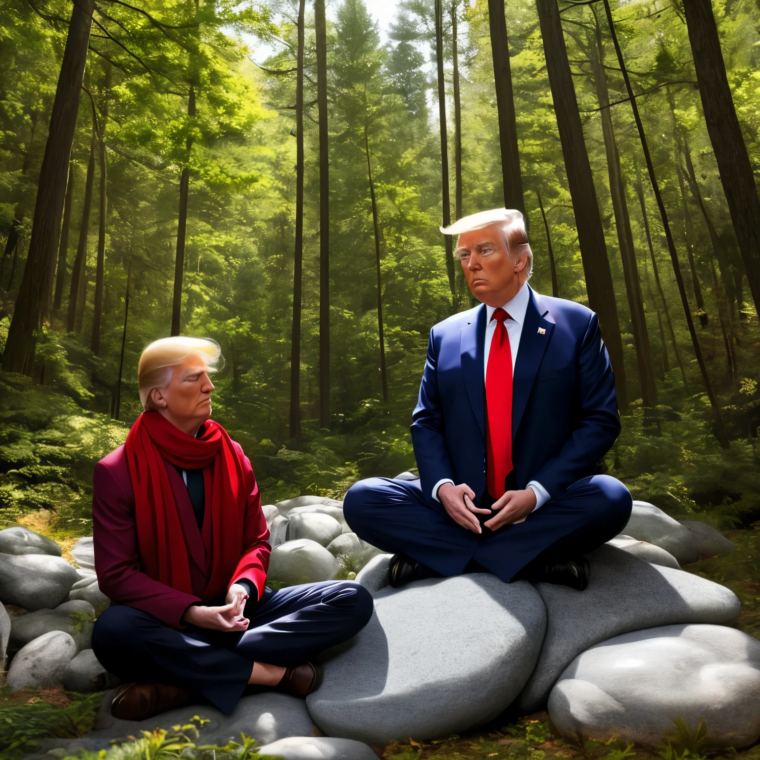 US President Trump wears a red scarf,Man wearing red tie and black suit meditating on a flat stone in the forest.