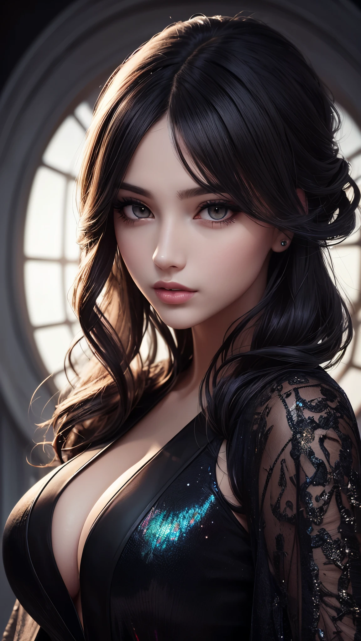 Fantasy girl, Ultra detailed beautiful woman, voluminous breasts, of a 25-year-old woman, Stunningly beautiful, dark-black color hair, wavy hairstyle, black color eyes, very long eyelashes, Stunningly beautiful face, holographic, ultra detailed illustration, hit definition, Very bold and bright colors, 32K resolution, black wizard robe, Best Quality, voluminous lighting, masterpiece, ultra realistic , High-quality detailing