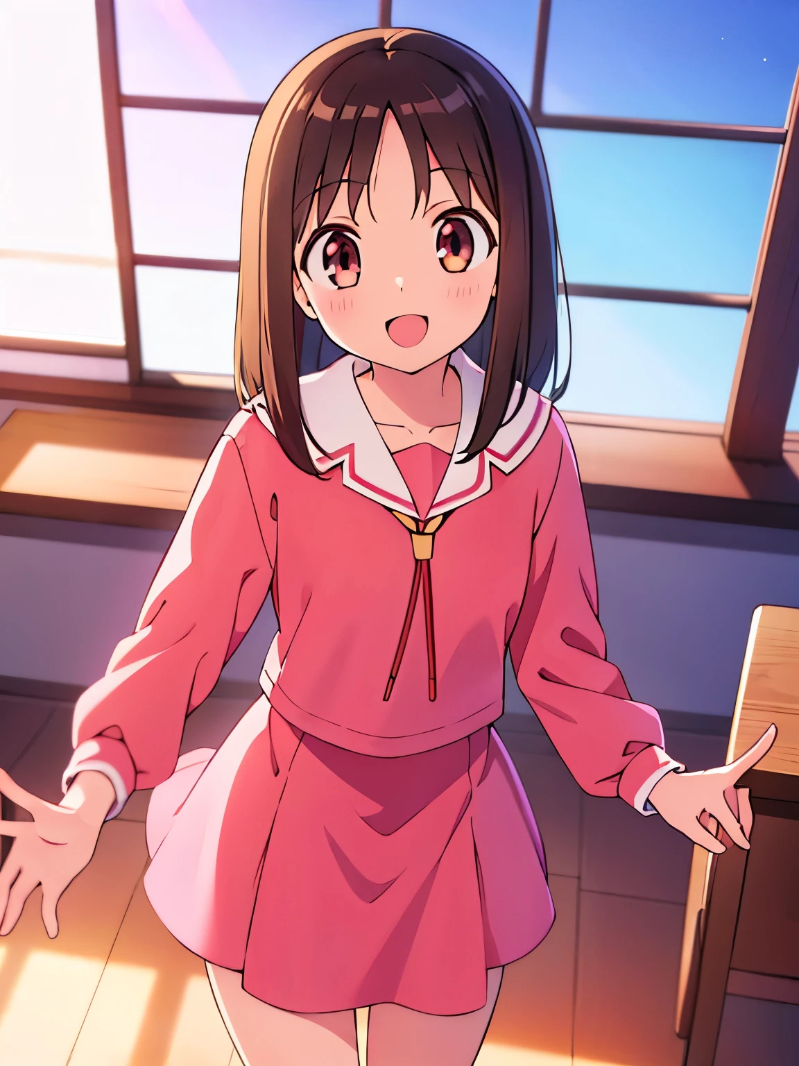 (masterpiece, best quality:1.2),illustration,8k,hd,1girl,solo,cowboy shot, (((masterpiece))),(((best quality))),(((extremely detailed))), illustration, 1girl, azumanga daioh, kasuga ayumu, osaka chan, azumanga daioh's , sailor collar, , serafuku, smile, pink serafuku, open mouth solo, vivid color, shiny, (brown hair),(brown eyes), full body, barefoot, volumetric lighting, multi-color eyes, detailed eyes, hyper detailed, light smile, highly detailed, beautiful, small details, ultra detailed, best quality, intricate, 4k, 8k, trending on artstation, good anatomy, beautiful lighting, award-winning, small breasts, female focus, classroom, backlight