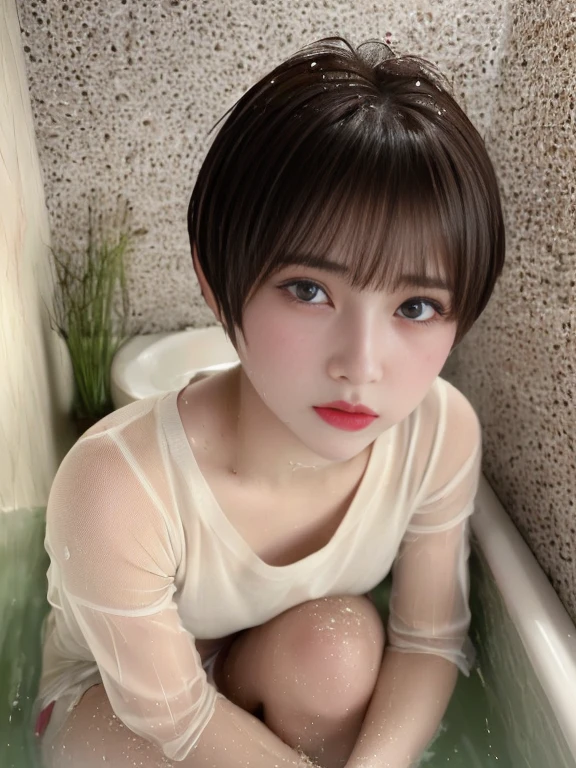 ((top-quality)),(​masterpiece:1.4),Raw photography,8K,((Top image quality)),((hight resolution)),Beautiful face in every detail,Realistic human skin,Gentle expression,(One lady:1.3 ),realisitic,Photorealsitic,(extra very short hair:1.4),(Beautuful Women),(cute Japanese girls),(boyish:1.3),(mannish),((Pretty Woman)),(Beautiful hair),((dark brown hair)),(((Red cheeks))),((Her eyes are big)),20-year-old beauty,(her face is small:1.7),small head,((long neck)),pale skin,Spot-free skin,With bangs,Everyone longs for,japanese beautiful woman,(Squatting ,in the bath ,)(skinny body ,Sweat ,wet),face focus ,look at viewer