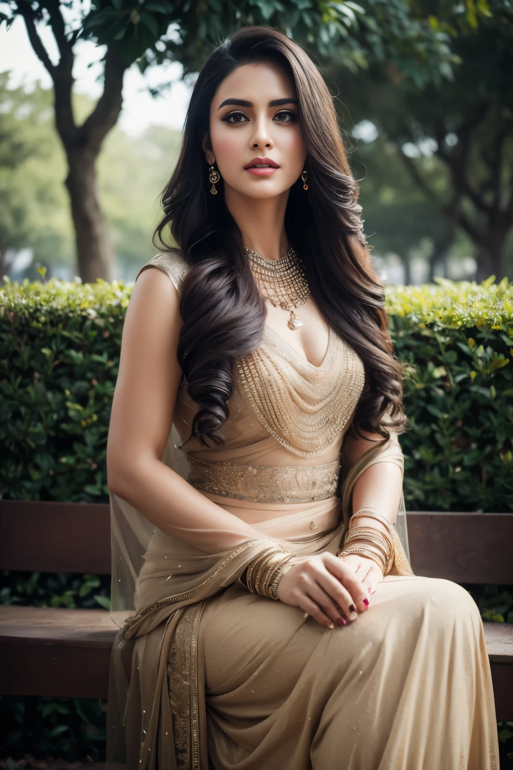 Portrait of full body A confident-looking Bangladesh woman with long flowing hair, hazel eyes, sitting in the park, perfect composition, hyperrealistic, super detailed, 8k, high quality, trending art, trending on artstation, sharp focus, studio photo, intricate details, highly detailed, art by greg rutkowski