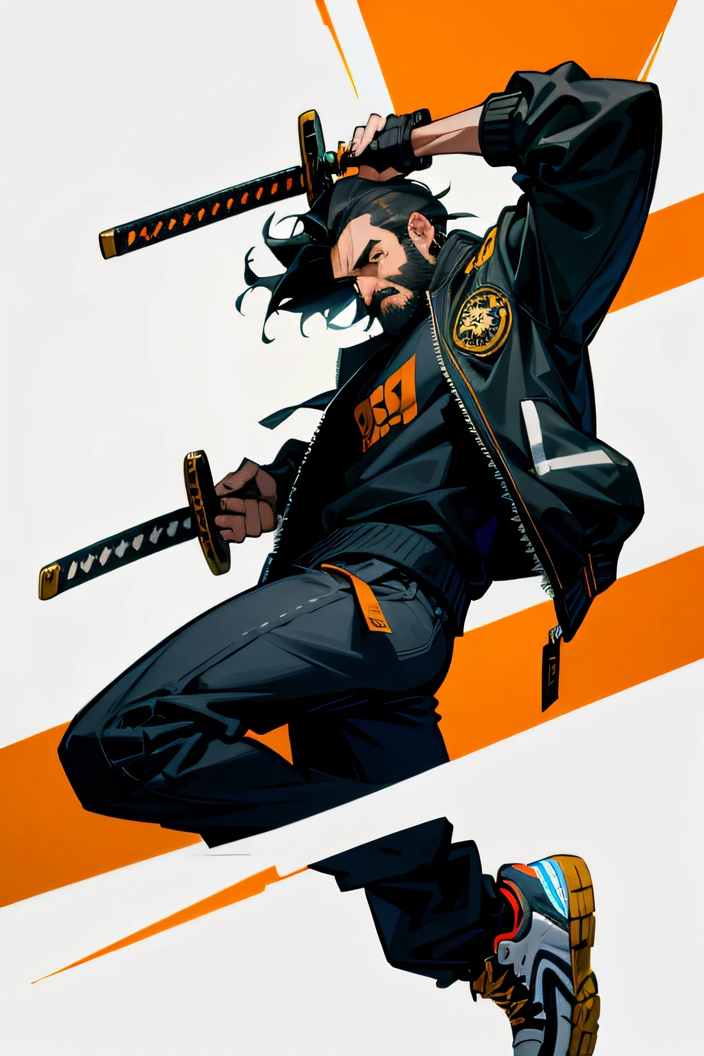 spanish man with beard and katana blade wearing a bomber jacket and sneakers