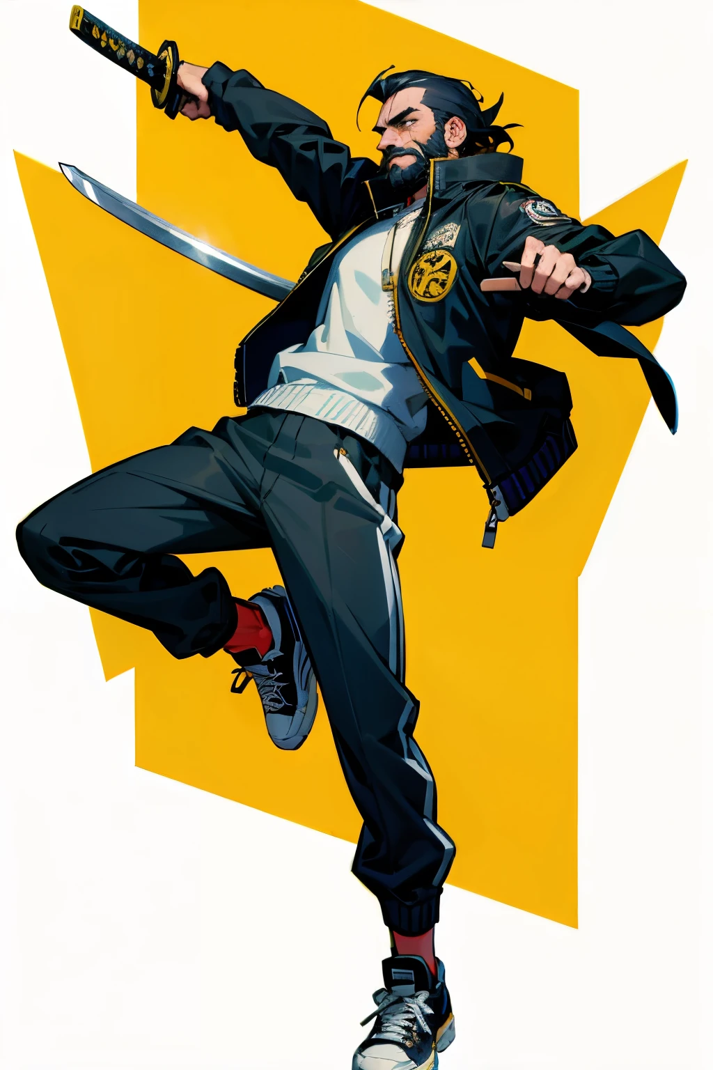 spanish man with beard and katana blade wearing a bomber jacket and sneakers