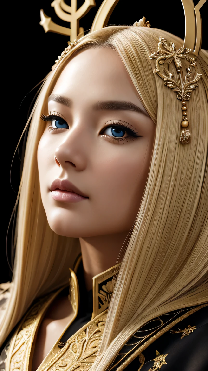 a beautiful empress portrait, blonde hair, Perfect black eyes, Brilliantly, Impossible impressive big Christmas headpiece, clothes Santa robes, everything Christmas, snow, symmetry, Drafoodic Studio Lighting, Rococo, baroque, vegetables, Asian, hyper realism, close, d&d, fantasy, Complex, elegant, very detailed, digital painting, art station, octane rendering, 8K, concept art, food, sharp focus, (((close up of face))), masterpiece, 最high quality, high quality, High resolution, ((black background))、