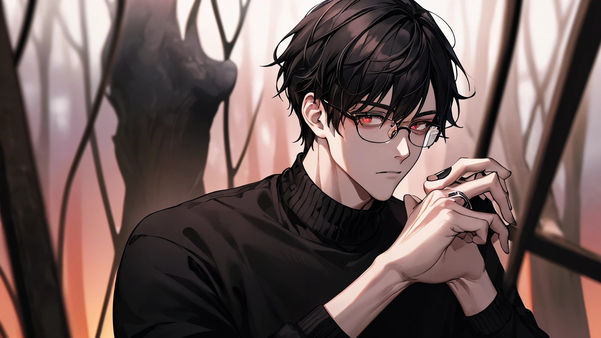 1 guy, black jeans, black sweater, press, Thin, pale, rings on fingers, black nails, Glasses, black hair, a little sporty, Glass eyes, portrait, cinematic lighting, Blur background, Best quality, Brown eyes, Teaches, Mentor, в the forestу, beautiful dawn sky, the forest,