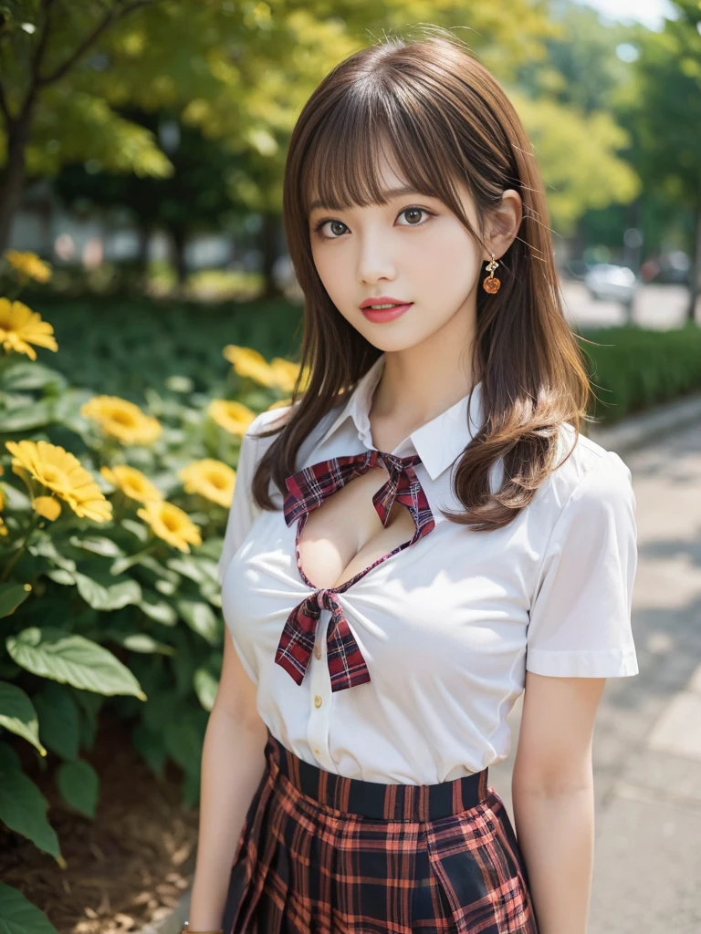 NSFW, 8K RAW photo, highest quality, masterpiece, ultra high resolution, film grain, movie, 1 girl, looking at the viewer, natural skin texture, Realistic eye and face details, full lips, lipstick, (compensate), red eyeshadow, Fluffy shorthair, messy hair, smile, close your mouth, beautiful foot, tall woman, skinny, slim_foot, alone, huge breasts, cleavage, pose with your butt facing yourself, super short skirt, teeth, shirt, beautiful natural location, Around the flower place, (detailed background), Plaid skirt, white shirt, huge breasts, cleavage, Show a little cleavage through the shirt, loafers, blurry background, blurry, holding, Plaid, short sleeve, JK ribbon on the neck, JK ribbon, brown hair, bracelet, water, bangs, school uniform, jewelry, parted lips, lips, From the side, pleated skirt, Depth of bounds written