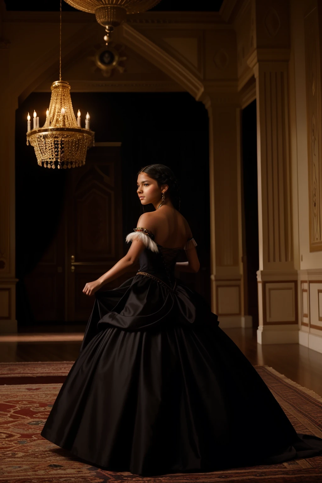 In the radiant ballroom of an English time-traveling palace in the 2000s, a thirteen-year-old Native American girl, with braided midnight-black hair and a gown that shifts through eras, gracefully waltzes with phantoms from different epochs, creating a surreal scene of temporal elegance.