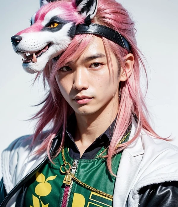 Asian man. Pink hair. Scar on side of face. yellow and green shirt with white jacket. Black and white fox mask