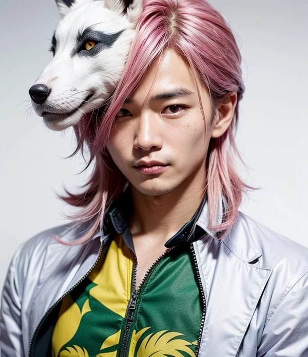Asian man. Pink hair. Scar on side of face. yellow and green shirt with white jacket. Black and white fox mask