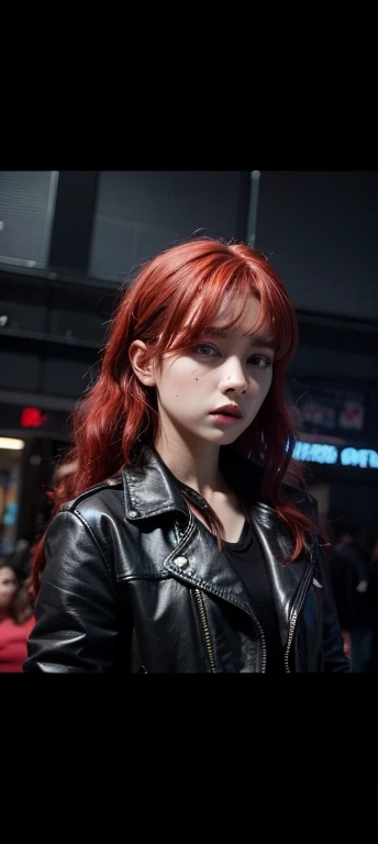 Girl. Red curly hair. Demon. Red shirt with black jacket and black ripped jeans.