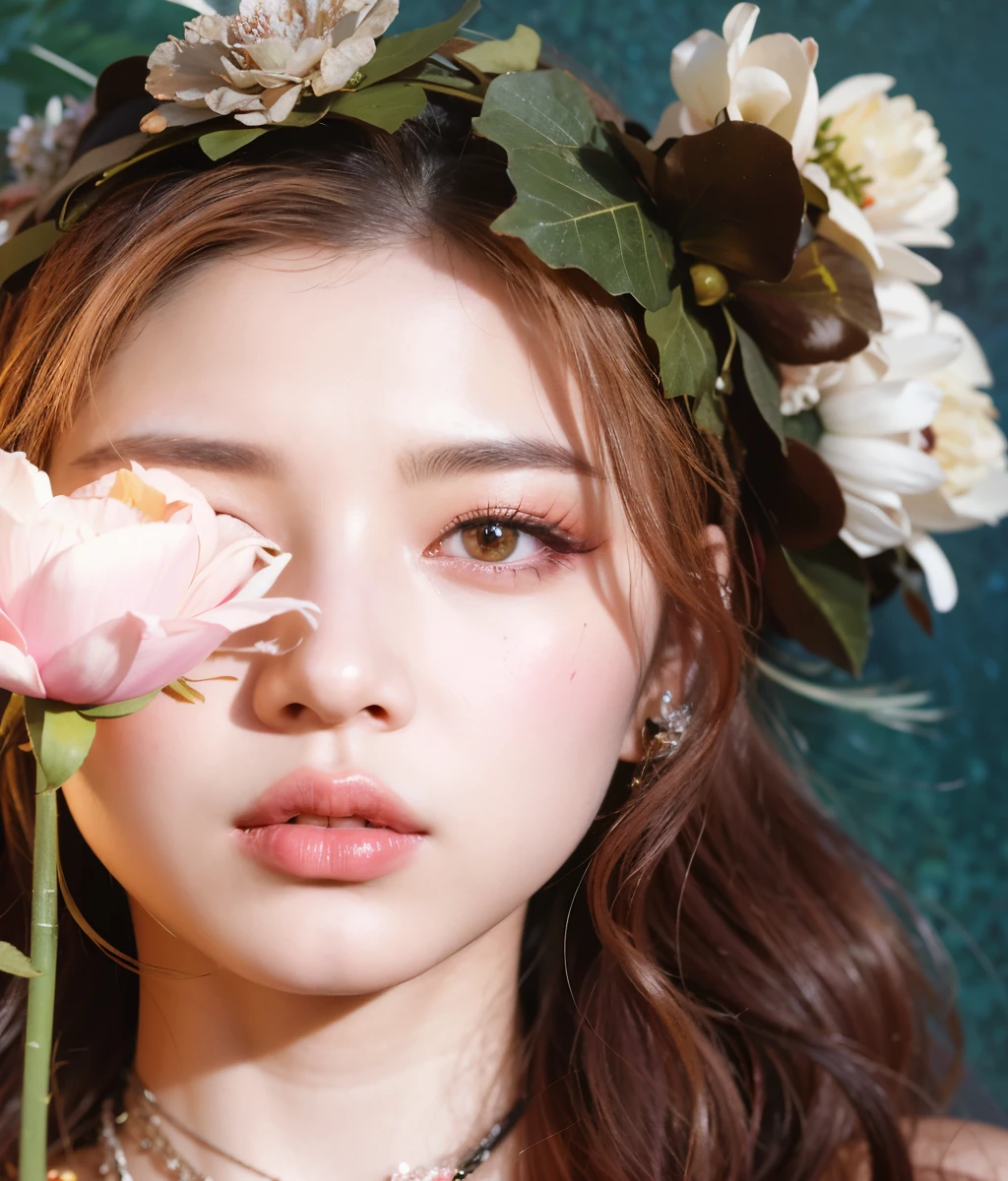 arafed woman with a flower in her hair and a flower in her hair, popular south korean makeup, popular korean makeup, portrait of jossi of blackpink, portrait jisoo blackpink, sakimichan, jossi of blackpink, roseanne park of blackpink, jisoo of blackpink, jimin\'s plump lips, jisoo from blackpink, blackpink jennie