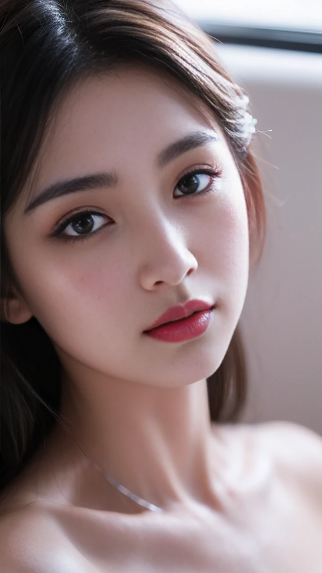 Hair、Delicate face、Sexy red lips,And the long eyelashes on the bright eyes,She has a slightly cold temperament
