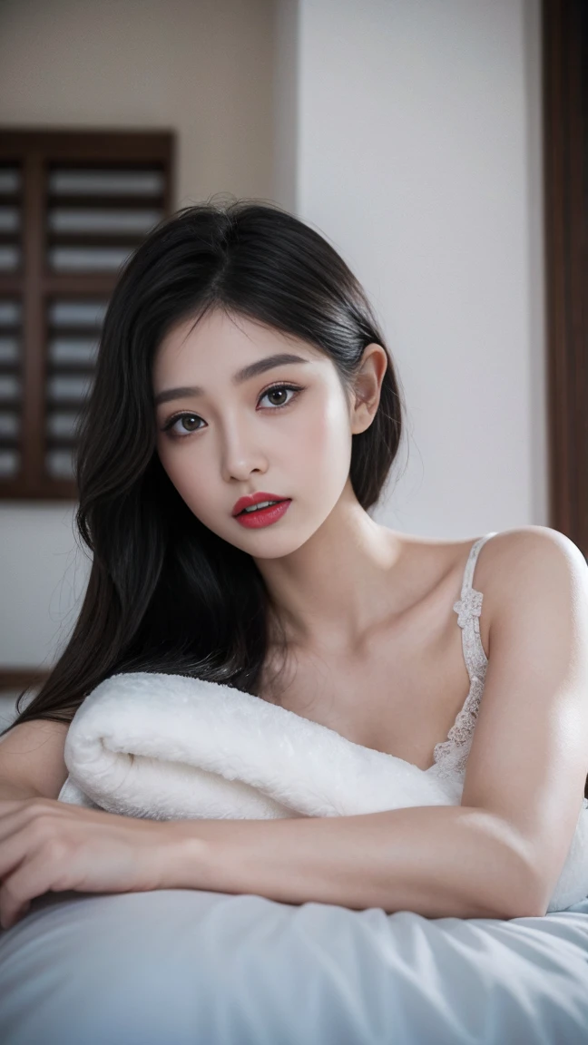 Hair、Delicate face、Sexy red lips，And the long eyelashes on the bright eyes，She has a slightly cold temperament