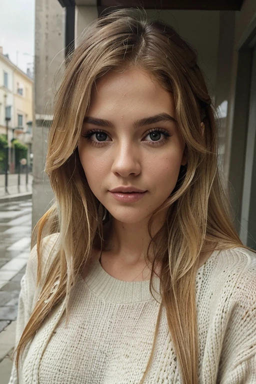 A 23-year-old blonde woman, ((pechos grandes)), ((hiperrealismo)) ,. blonde hair with light brown roots. cabello rubio, Hair with brown roots, cabello extra largo, cabello muy largo, Cabello muy largo, hermoso, vista frontal, autofoto, Foto tomada con iPhone, elegante, autofoto, alta calidad, autofoto iPhone, ojos verdes, labios carnosos, pullover, lluvia, frio, Rainy day, winter coat, , wet hair