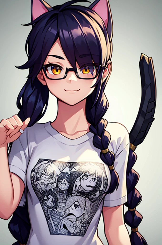 Erisa, 1girl, solo, long hair, looking at viewer, black hair, bandaid on face, yellow eyes, animal ears, smile, bandaid on nose, braid, cat ears, bandaid, bangs, breasts, fake animal ears, simple background, fang, , bare shoulders, scar, teeth, shirt, tight shirt, bare shoulders, white shirt, short sleeves, closed mouth, t-shirt, hair over one eye, portrait, hair over shoulder, shorts, skin tight shirt, glasses, seductive, realistic, best quality, masterpiece, ultra detail, ultra high res, extreme detail, 8k
