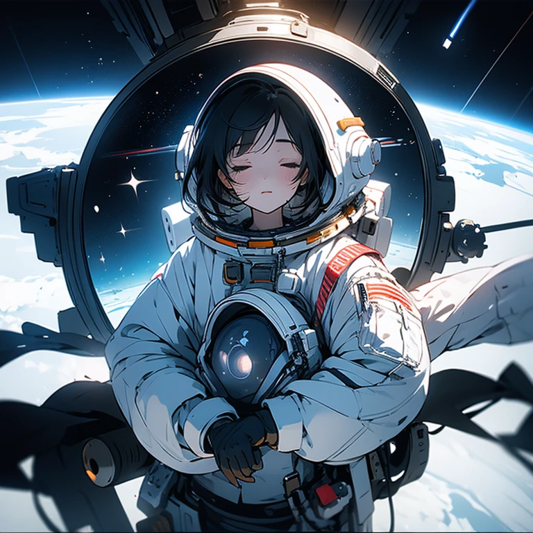 Young girl with black hair wearing a white spacesuit and an astronaut helmet on her head floating in space,She closed her eyes and seemed to enjoy this floating feeling.,There are stars behind her