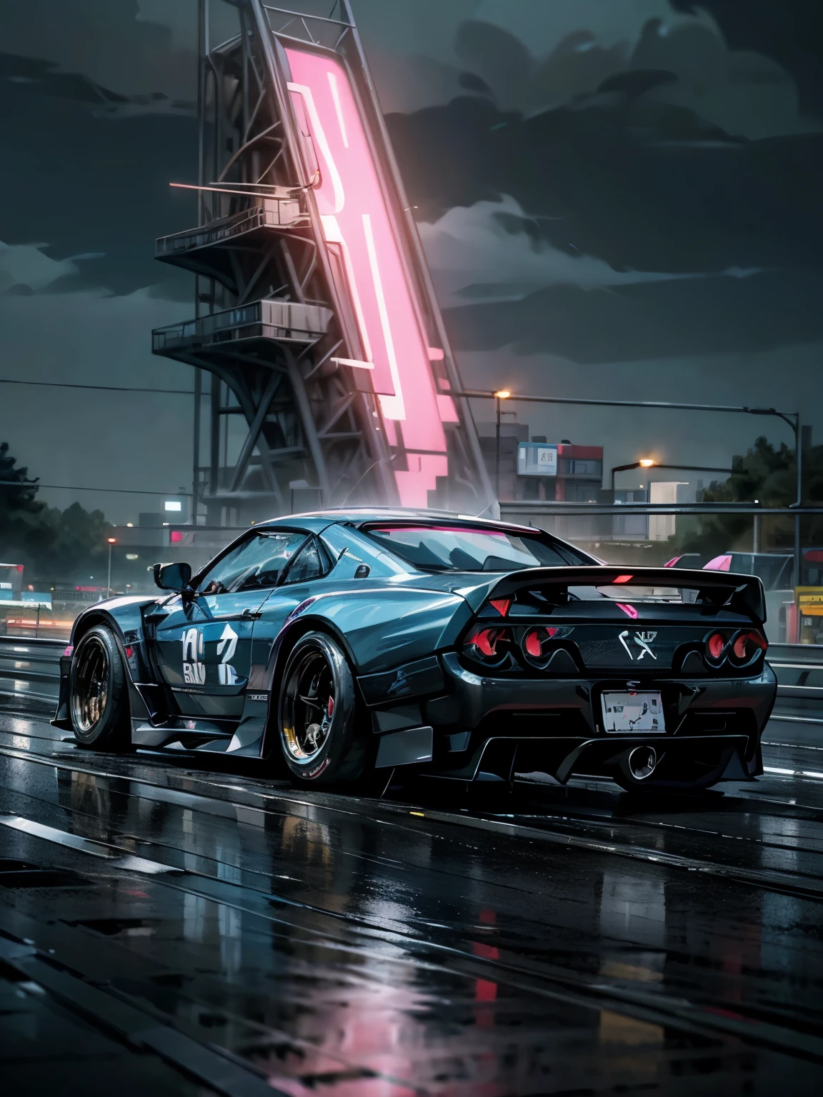 ar=9:16 wallpaper for android phone, Nissan Skyline r34, drifting, hyper realistic and cinematic, cinematic lights, highway road, 8k graphics, High resolution, hyper close up view from the side, night time, rain drops, neon lights, splash color style, lightning and thunder sparks from body, blue and pink neon lights