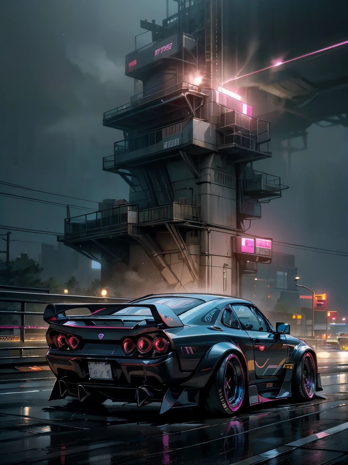 ar=9:16 wallpaper for android phone, Nissan Skyline r34, drifting, hyper realistic and cinematic, cinematic lights, highway road, 8k graphics,  High resolution, hyper close up view from the side, night time, rain drops, neon lights, splash color style, lightning and thunder sparks from body, blue and pink neon lights