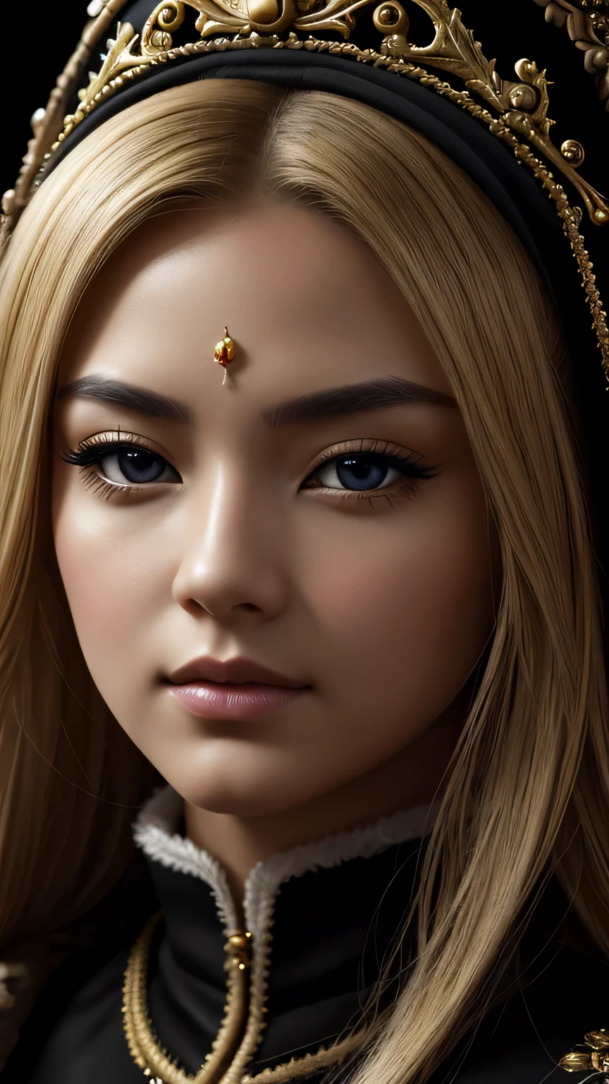 black background、a beautiful empress portrait, blonde hair, Perfect black eyes, Brilliantly, Impossible impressive big Christmas headpiece, clothes Santa robes, everything Christmas, snow, symmetry, Drafoodic Studio Lighting, Rococo, baroque, vegetables, Asian, hyper realism, close, d&d, fantasy, Complex, elegant, very detailed, digital painting, art station, octane rendering, 8K, concept art, food, sharp focus, (((close up of face))), masterpiece, 最high quality, high quality, High resolution, ((black background))