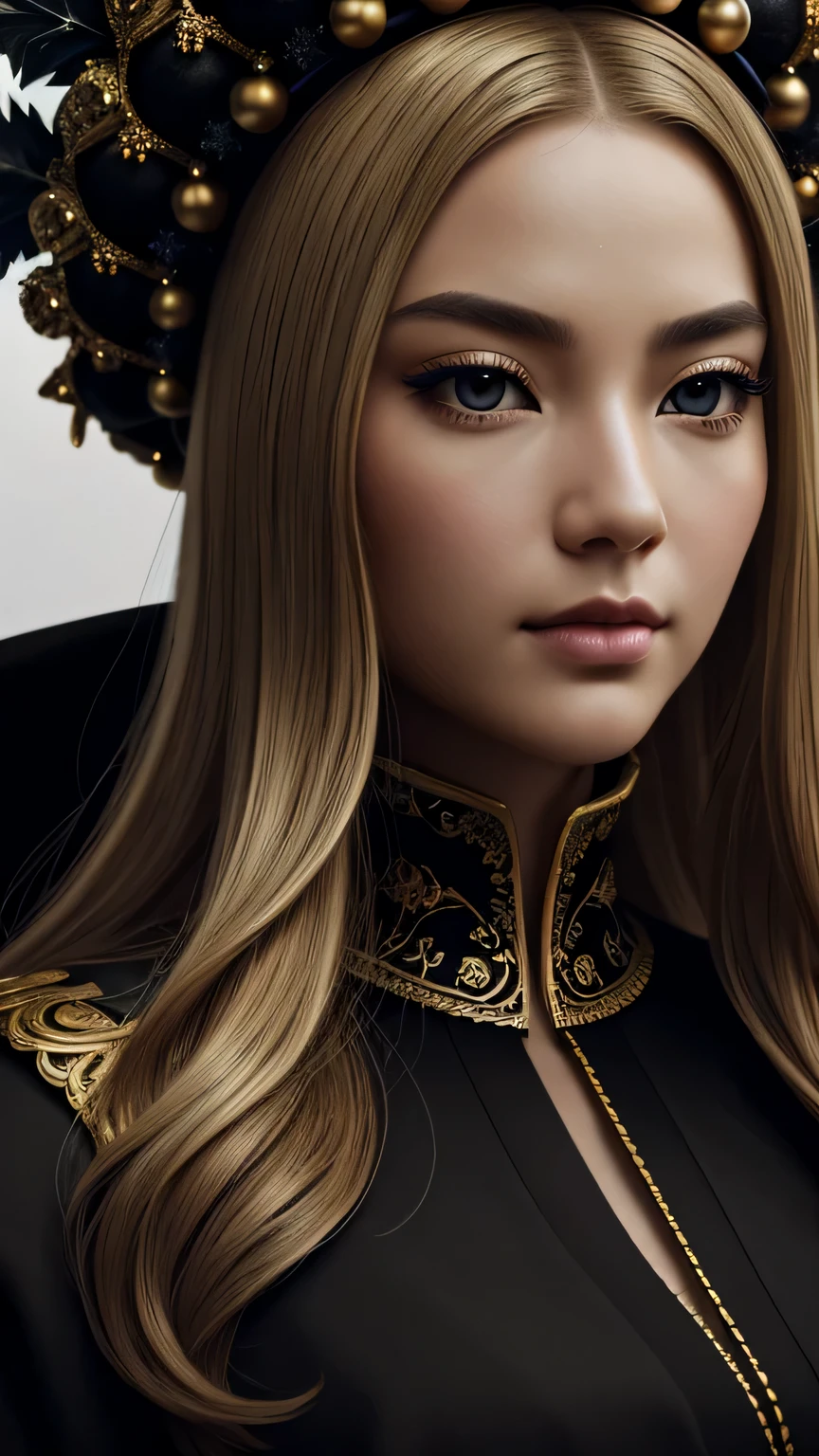 black background、a beautiful empress portrait, blonde hair, Perfect black eyes, Brilliantly, Impossible impressive big Christmas headpiece, clothes Santa robes, everything Christmas, snow, symmetry, Drafoodic Studio Lighting, Rococo, baroque, vegetables, Asian, hyper realism, close, d&d, fantasy, Complex, elegant, very detailed, digital painting, art station, octane rendering, 8K, concept art, food, sharp focus, (((close up of face))), masterpiece, 最high quality, high quality, High resolution, ((black background))