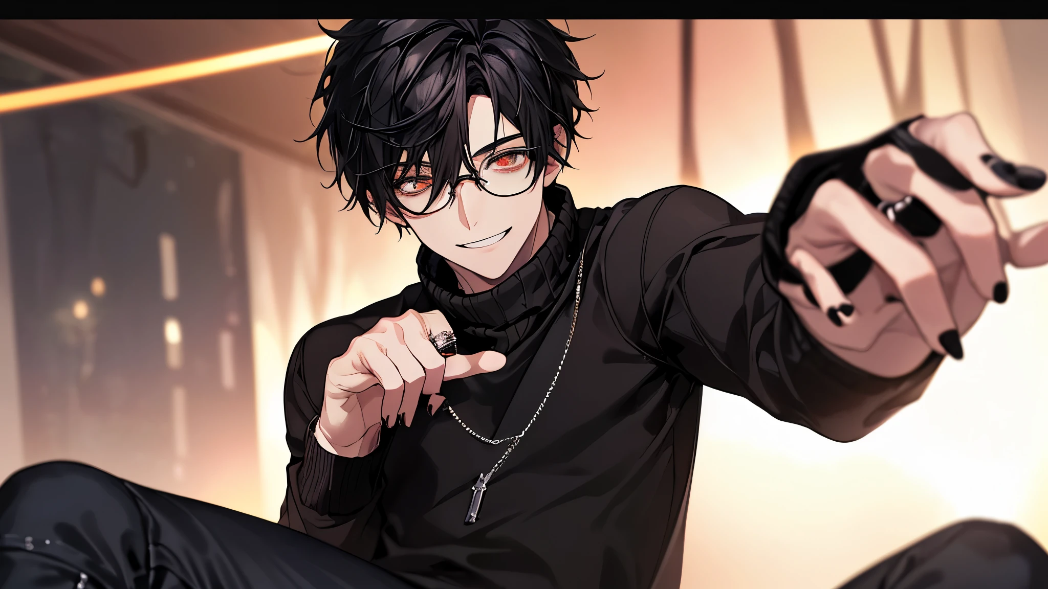 1 guy, black jeans, black sweater, press, Thin, pale, rings on fingers, black nails, Glasses, black hair, a little sporty, Glass eyes, portrait, cinematic lighting, Blur background, Best quality, Brown eyes, в the forestу, beautiful dawn sky, the forest, Smiling, points to his boots,