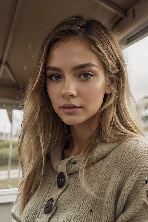 A 23-year-old blonde woman, ((pechos grandes)), ((hiperrealismo)) ,. blonde hair with light brown roots. cabello rubio, Hair with brown roots, cabello extra largo, cabello muy largo, Cabello muy largo, hermoso, vista frontal, autofoto, Foto tomada con iPhone, elegante, autofoto, alta calidad, autofoto iPhone, ojos verdes, labios carnosos, pullover, lluvia, frio, Rainy day, nordic coat , wet hair