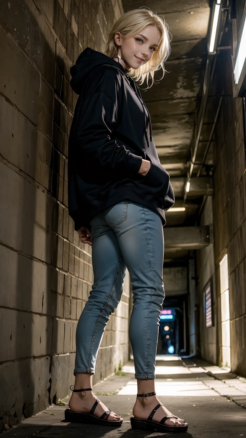 25-year-old Caucasian woman、platinum blonde、blue eyes、semi-long、my hair is wavy、Hair is tied up、accessories on the wrist、wearing a choker、smile、Tall and slender, with a well-proportioned, slender, muscular body、I don&#39;t want my head to disappear from the screen.、Wearing a hoodie and covering the hood、He is wearing skinny jeans and has his hands in his pockets.、smile、I'm wearing sandals、I&#39;m in an underground passage with exposed concrete at night.