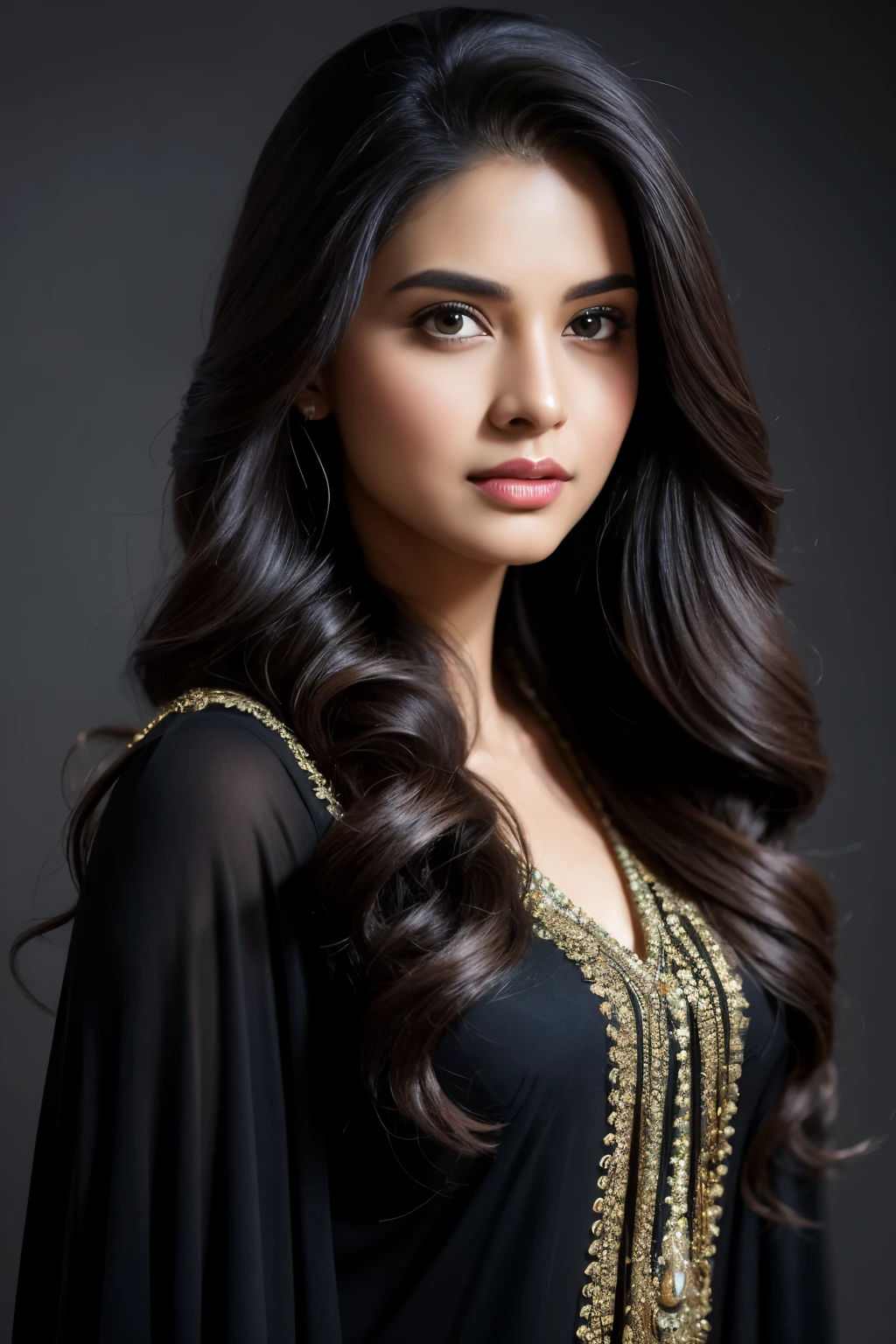 Portrait of A confident-looking Bangladesh woman with long flowing hair, hazel eyes, with flowing capes, perfect composition, hyperrealistic, super detailed, 8k, high quality, trending art, trending on artstation, sharp focus, studio photo, intricate details, highly detailed, art by greg rutkowski