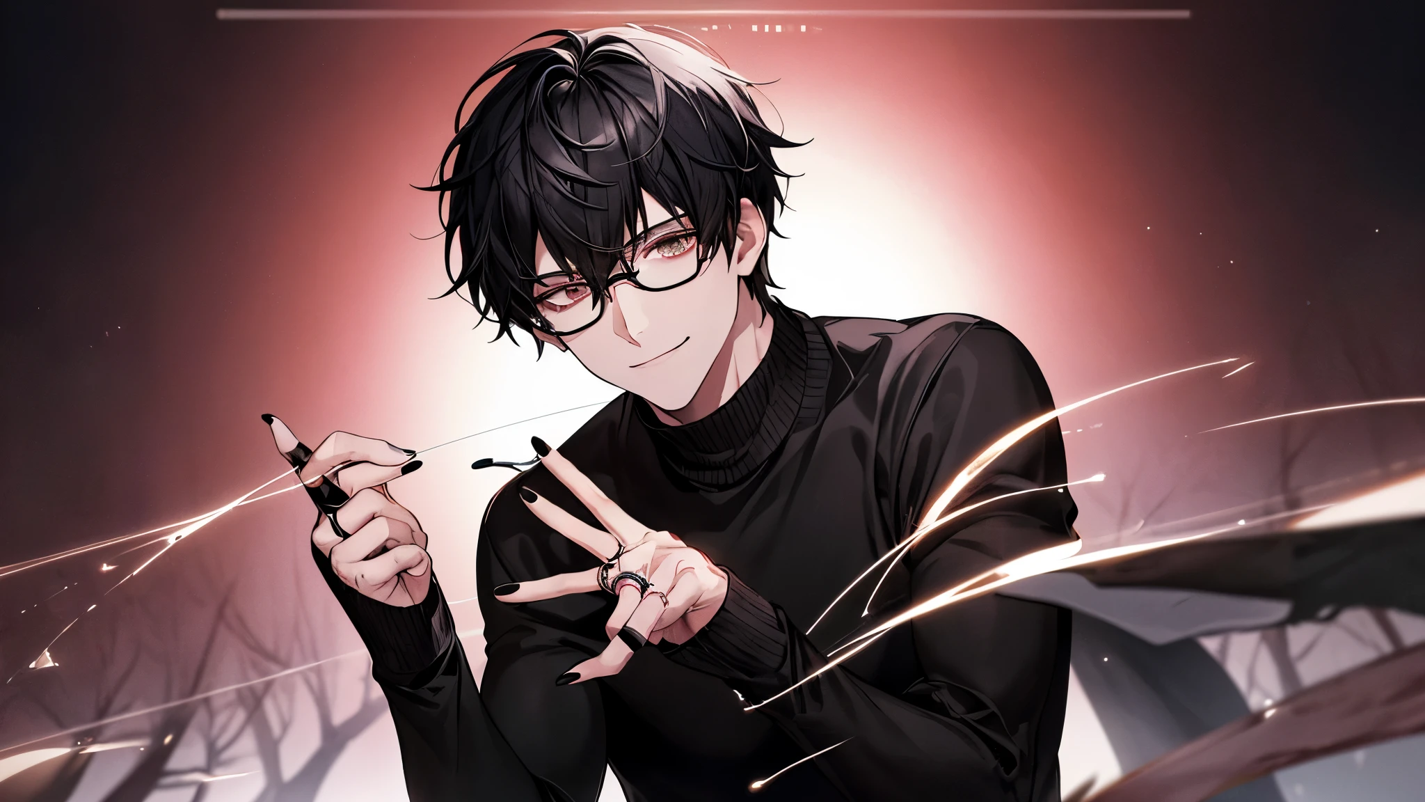 1 guy, black jeans, black sweater, press, Thin, pale, rings on fingers, black nails, Glasses, black hair, a little sporty, Glass eyes, portrait, cinematic lighting, Blur background, Best quality, Brown eyes, в the forestу, beautiful dawn sky, the forest, Smiling, without one arm,