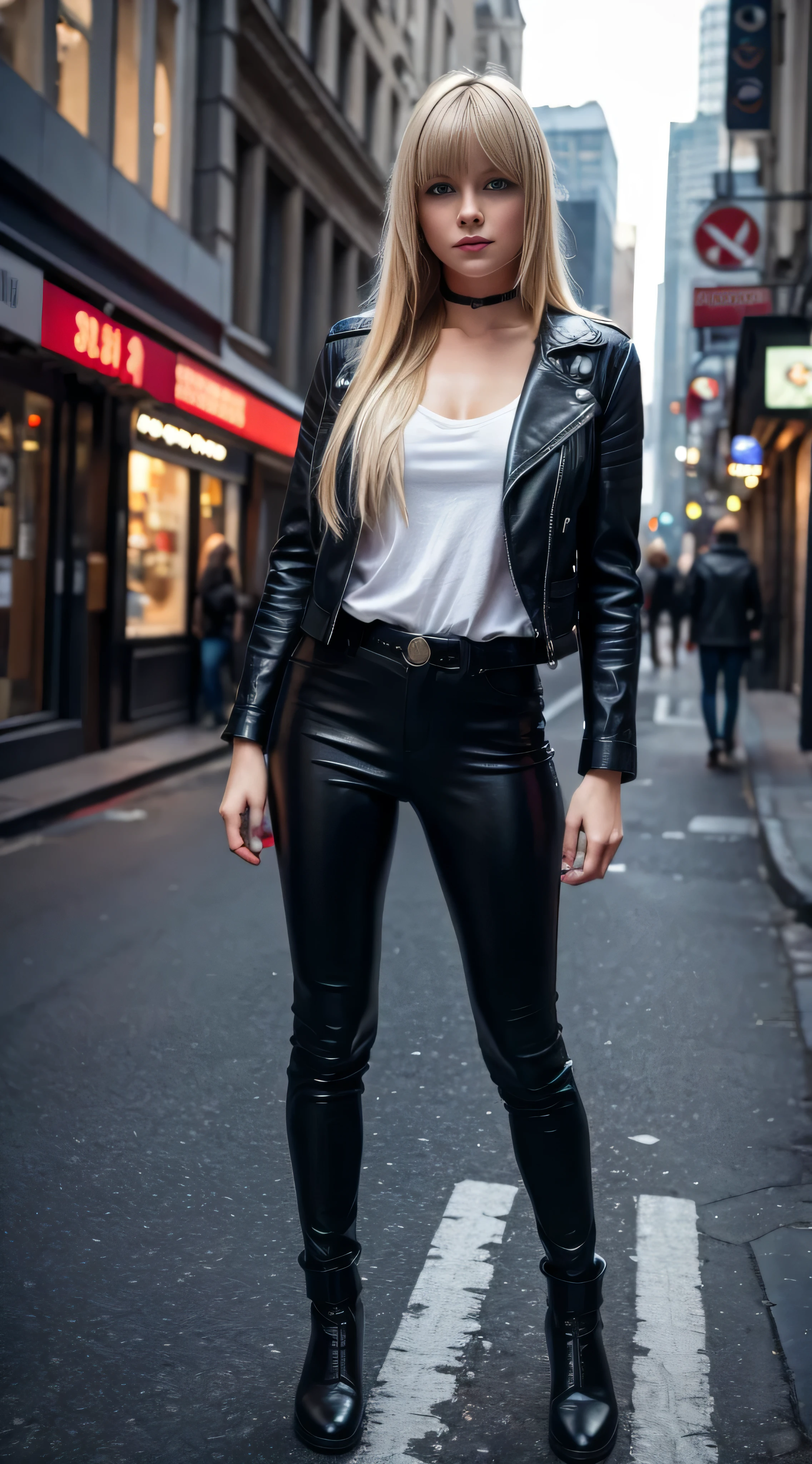 full body Realism, -yeld gi long blond hair, bangs falling on her face, blue eyes, slightly open mouth, red lips, beautiful hairstyle, light makeup, round breasts, in a leather jacket, tight leather pants, beautiful shoes on her feet, walking city street in the background , detailed appearance, detailed hairstyle, detailed environment, detailed background, dark futuristic dead city in the background, the photo was taken with a photorealistic SLR camera, resolution full hd, 8K