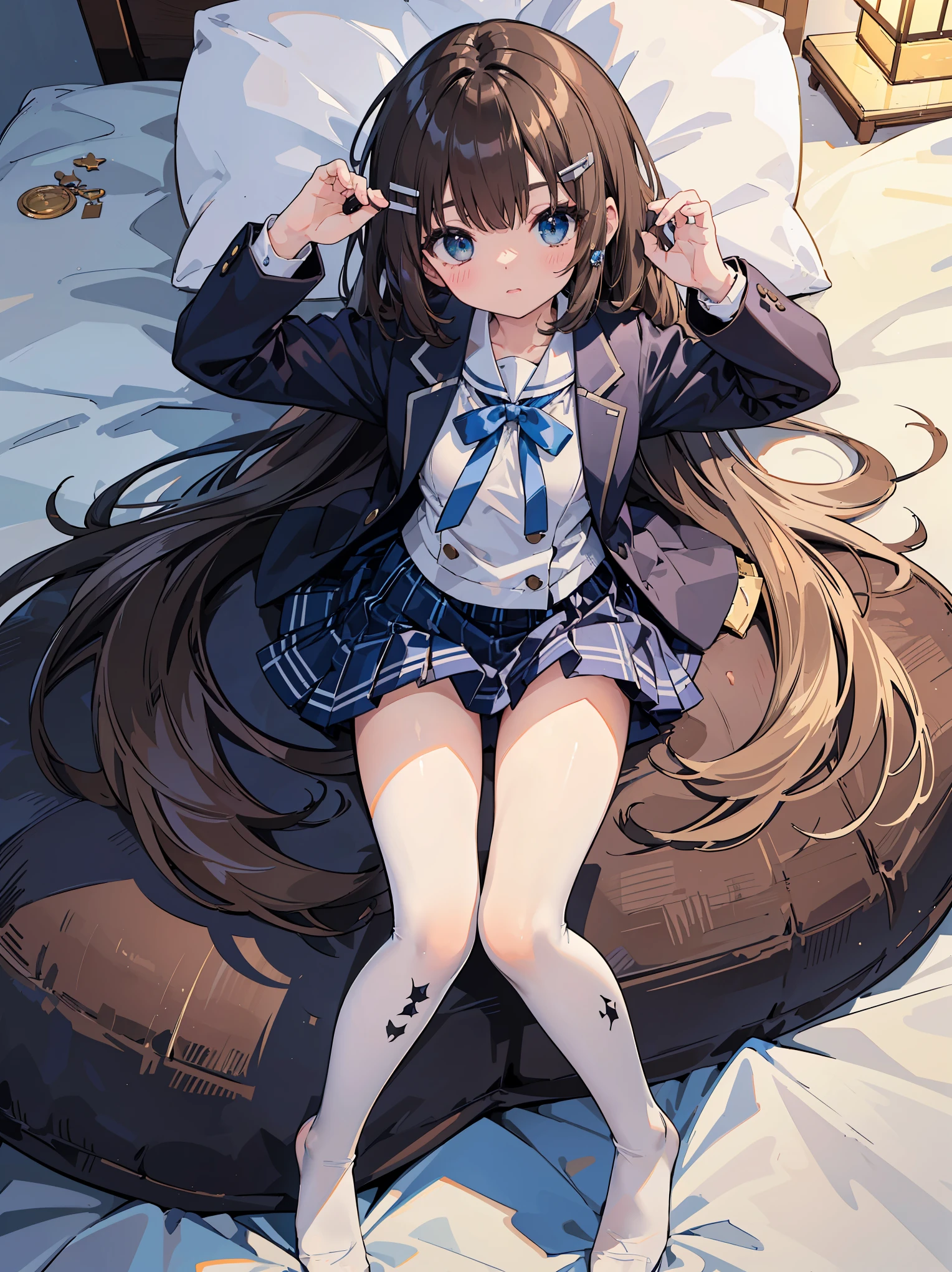 Top quality, masterpiece, insanely detailed, (Full body shot), front view, symmetry, Mature Japanese high school girl, alone, (Solo: 1.3), slender legs, whole body from head to toe, from above, sitting, M-shaped legs, staring at the viewer: 1.3), small breasts, (Black thin detail material and shiny tights): 1.2), white silk lace fabric underwear through the tights, very beautiful 17 year old girl, no shoes, (Blush: 1.3), Shy big eyes, (Short (brown hairy part), (bangs), messy hair, (hair clip), lying on white sheets, looking at you: 1.3), looking at the camera, white silk lace fabric underwear visible, white lingerie, high school uniform blazer, high white blouse, high blue ribbon, high plaid and navy pleated skirt,
BREAK
(Pose that seduces a man: 1.3), (fascinating genius:1.5), (best lighting by famous artists: 1.2), 8K, ((acting instruction of captivating poses by famous masters: 1.6)), ((thighs spread to the left and right: 1.35)),
((deep depth of field:1.5)),