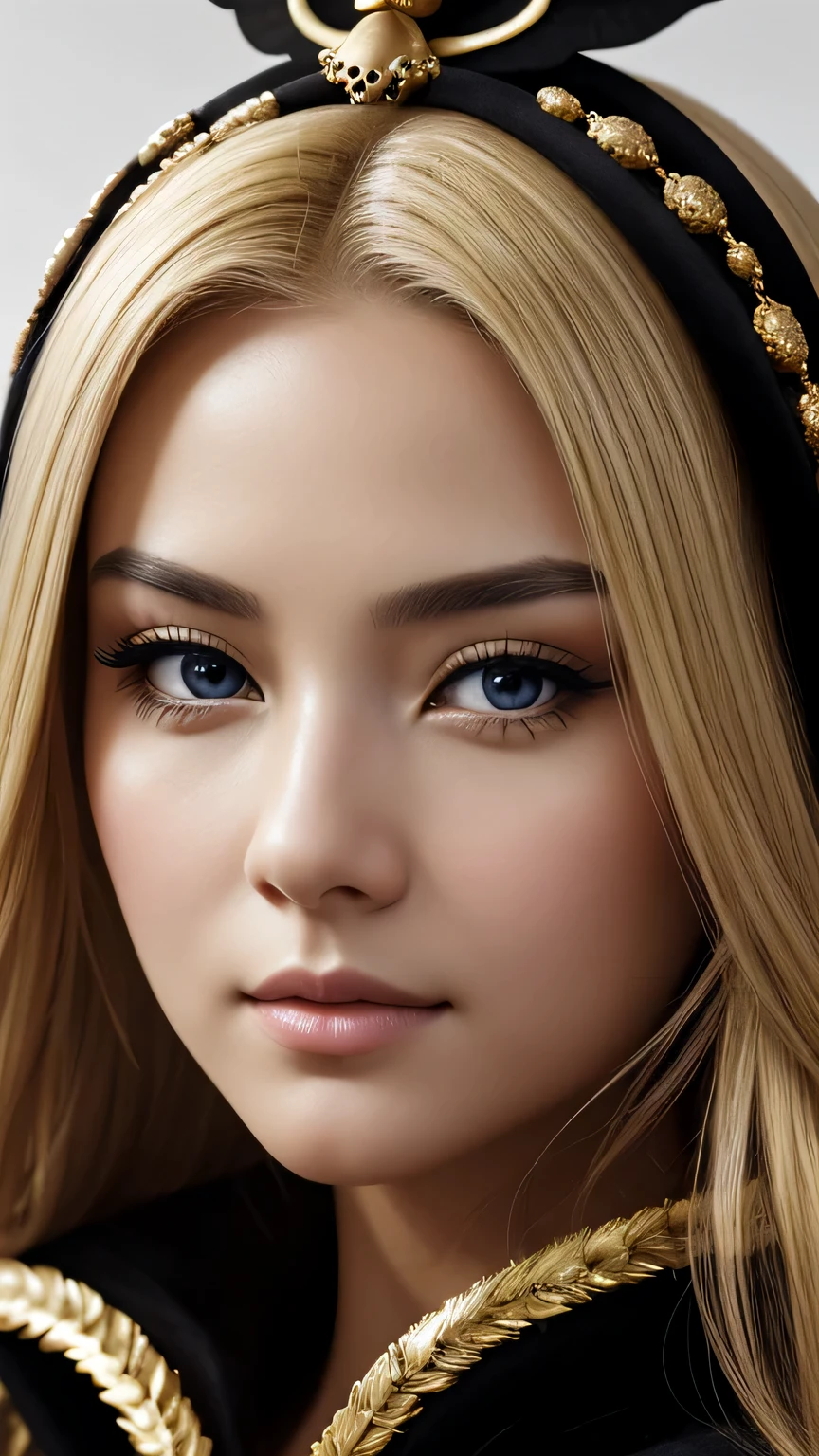 a beautiful empress portrait, blonde hair, Perfect black eyes, Brilliantly, Impossible impressive big Christmas headpiece, clothes Santa robes, everything Christmas, snow, symmetry, Drafoodic Studio Lighting, Rococo, baroque, vegetables, Asian, hyper realism, close, d&d, fantasy, Complex, elegant, very detailed, digital painting, art station, octane rendering, 8K, concept art, food, sharp focus, (((close up of face))), masterpiece, 最high quality, high quality, High resolution, ((black background))