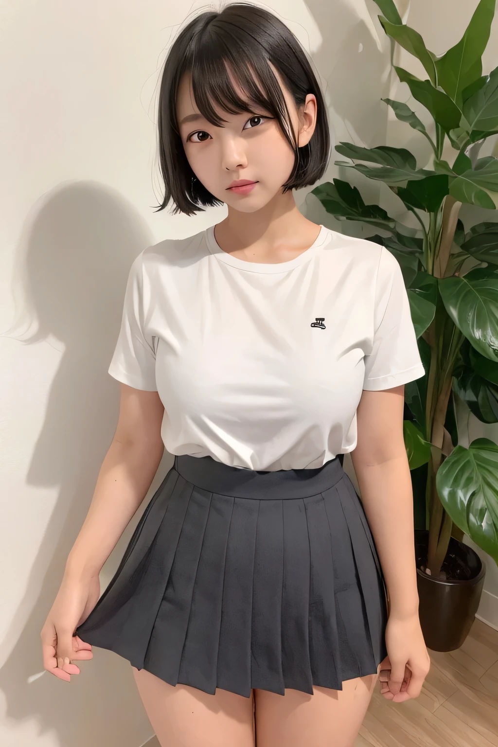 (narrow eyes:1.4), frontal shot , From the middle , (black eye), (japanese woman), 1 girl, (very small eyes:1.4), very beautiful 17 year old girl, beautiful breasts:1.5, (highly detailed eyes:1.2), (beautiful breasts:1.1), short hair, bangs, (thick legs, huge hips, thick thighs), perfect skin, Fair skin, (white teeth), tight waist, light blush, alone, looking at the viewer,  Are crying, shed tears, (white shirt)dark dark gray pleated skirt)
