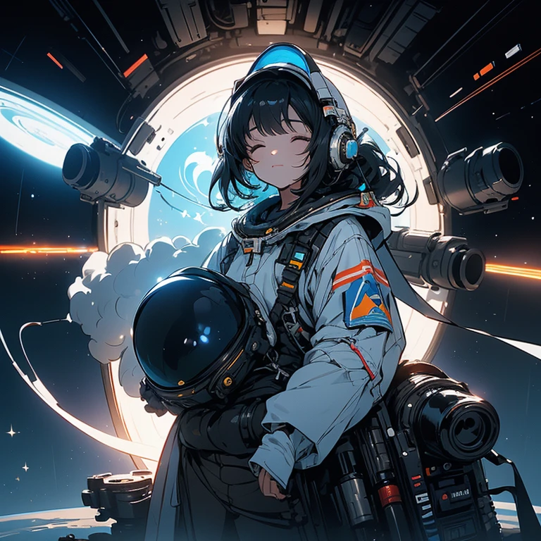 Young girl with black hair wearing a thick spacesuit and an astronaut helmet on her head is floating in space,The softness she displayed seemed completely inconsistent with the heavy spacesuit.,she closed her eyes,He seems to enjoy the feeling of floating freely and the tranquility of space.,There are stars behind her