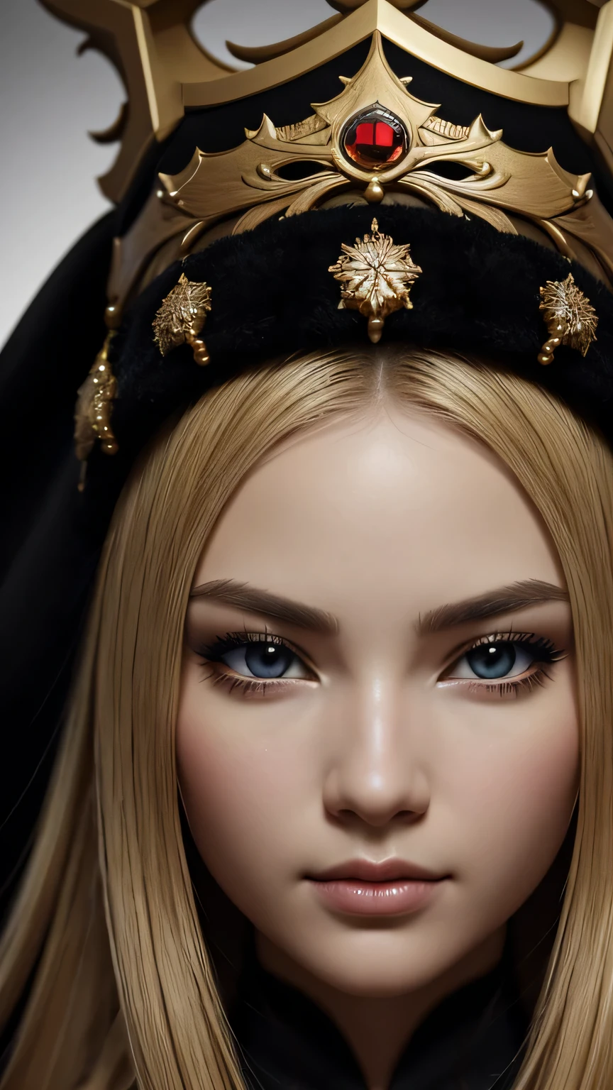 a beautiful empress portrait, blonde hair, Perfect black eyes, Brilliantly, Impossible impressive big Christmas headpiece, clothes Santa robes, everything Christmas, snow, symmetry, Drafoodic Studio Lighting, Rococo, baroque, vegetables, Asian, hyper realism, close, d&d, fantasy, Complex, elegant, very detailed, digital painting, art station, octane rendering, 8K, concept art, food, sharp focus, (((close up of face))), masterpiece, 最high quality, high quality, High resolution, ((black background))