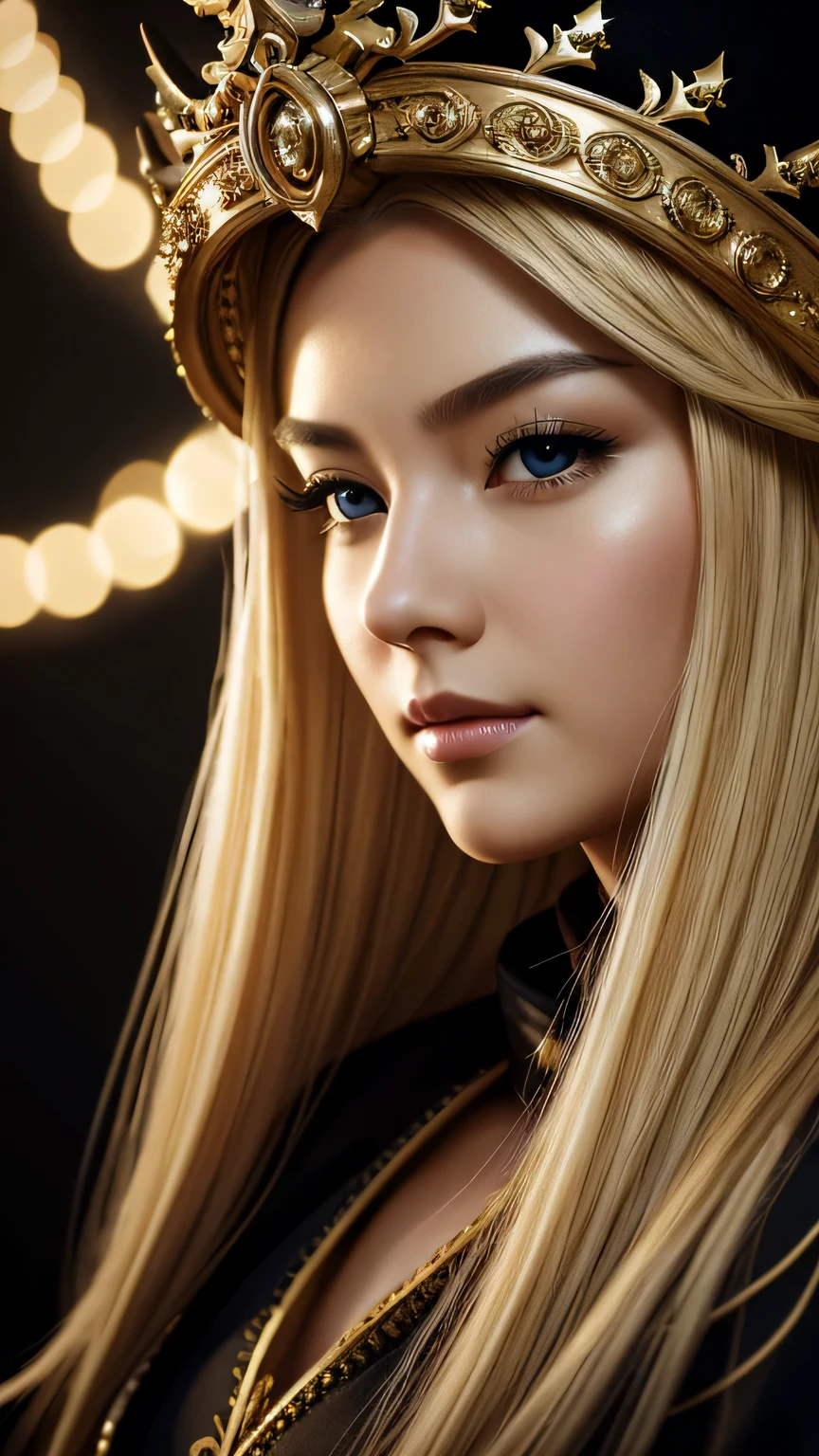 a beautiful empress portrait, blonde hair, Perfect black eyes, Brilliantly, Impossible impressive big Christmas headpiece, clothes Santa robes, everything Christmas, snow, symmetry, Drafoodic Studio Lighting, Rococo, baroque, vegetables, Asian, hyper realism, close, d&d, fantasy, Complex, elegant, very detailed, digital painting, art station, octane rendering, 8K, concept art, food, sharp focus, (((close up of face))), masterpiece, 最high quality, high quality, High resolution, ((black background))