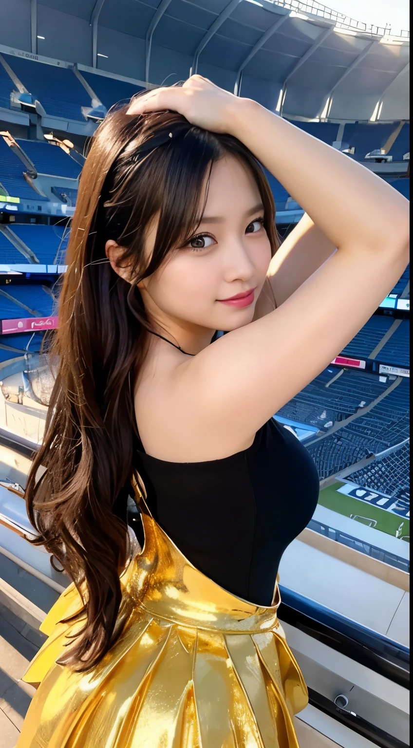 masterpiece,best quality,ultra detailed,4K,super fine((Best Quality, 8k, photo realistic:1.4, Masterpiece: 1.2)), back Lighting, highly detailed facial textures women, 18yo, (shiny gold Cheerleader), (Stadium Background: 1.2)), arm up, ultra-detailed shiny skin, beautiful make up, detailed eyes, blush, Grinning ear to ear, shiny black messy long hairstyles, from below, looking back, 